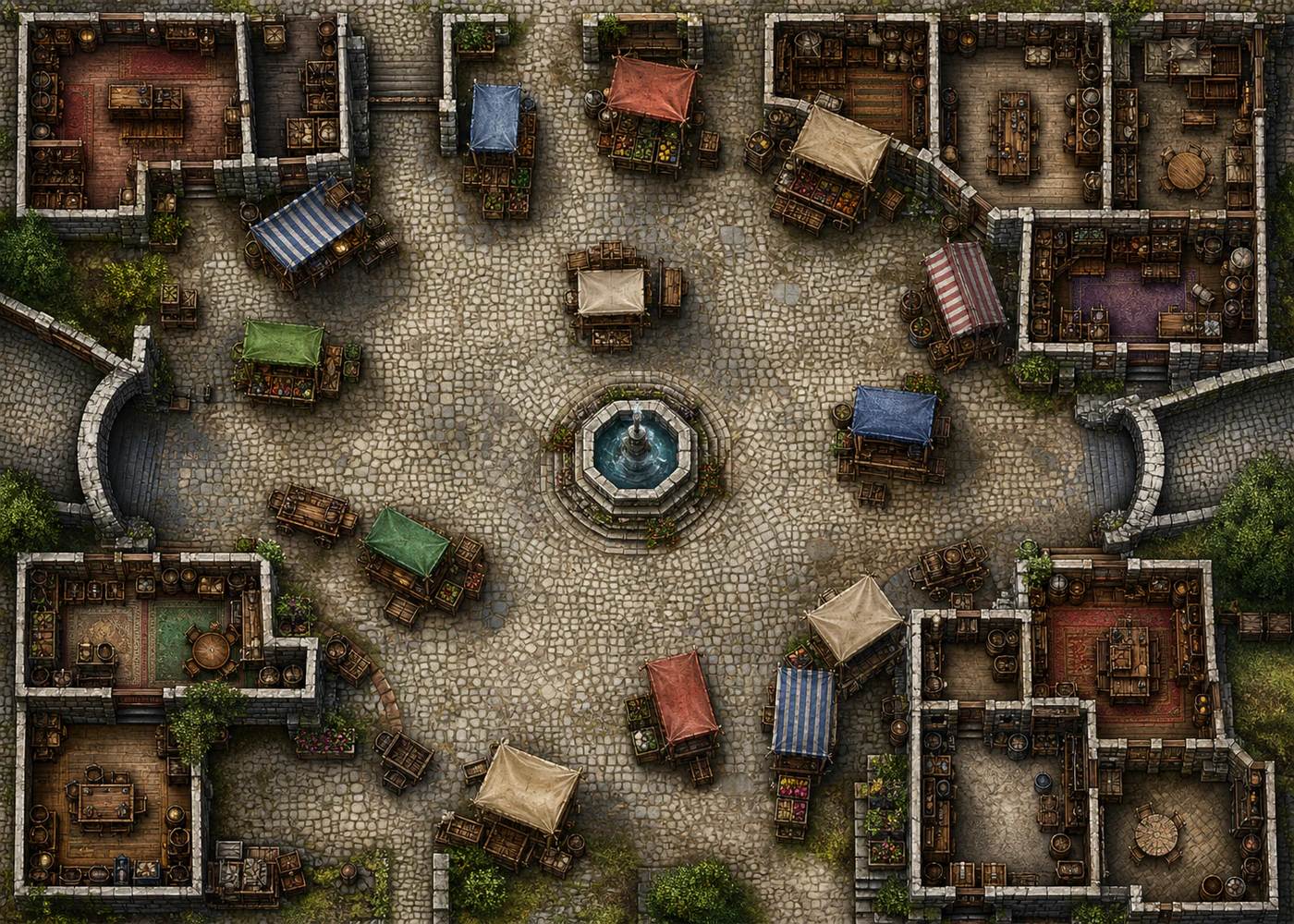 Top-down fantasy market map used to illustrate a shared online tabletop scene